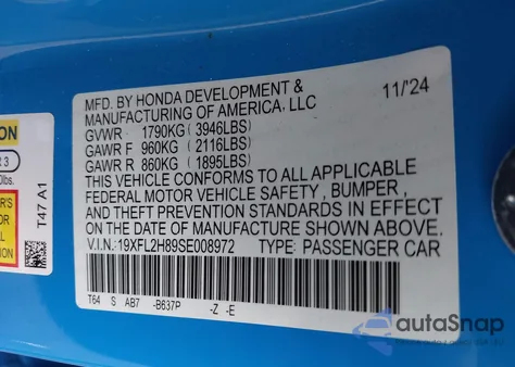 2025 Honda Civic Sport from USA, damaged, VIN 19XFL2H89SE008972